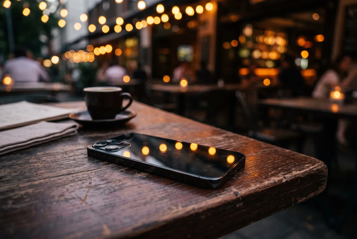 Un teléfono sobre una mesa de madera, junto a una taza de café, en la terraza de un local con luces colgantes